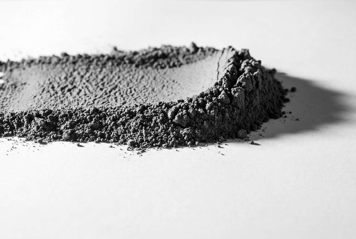 Poudre de cacao très fine versée en ruban épais sur du papier mat blanc, sa crête affaissée d'un côté
