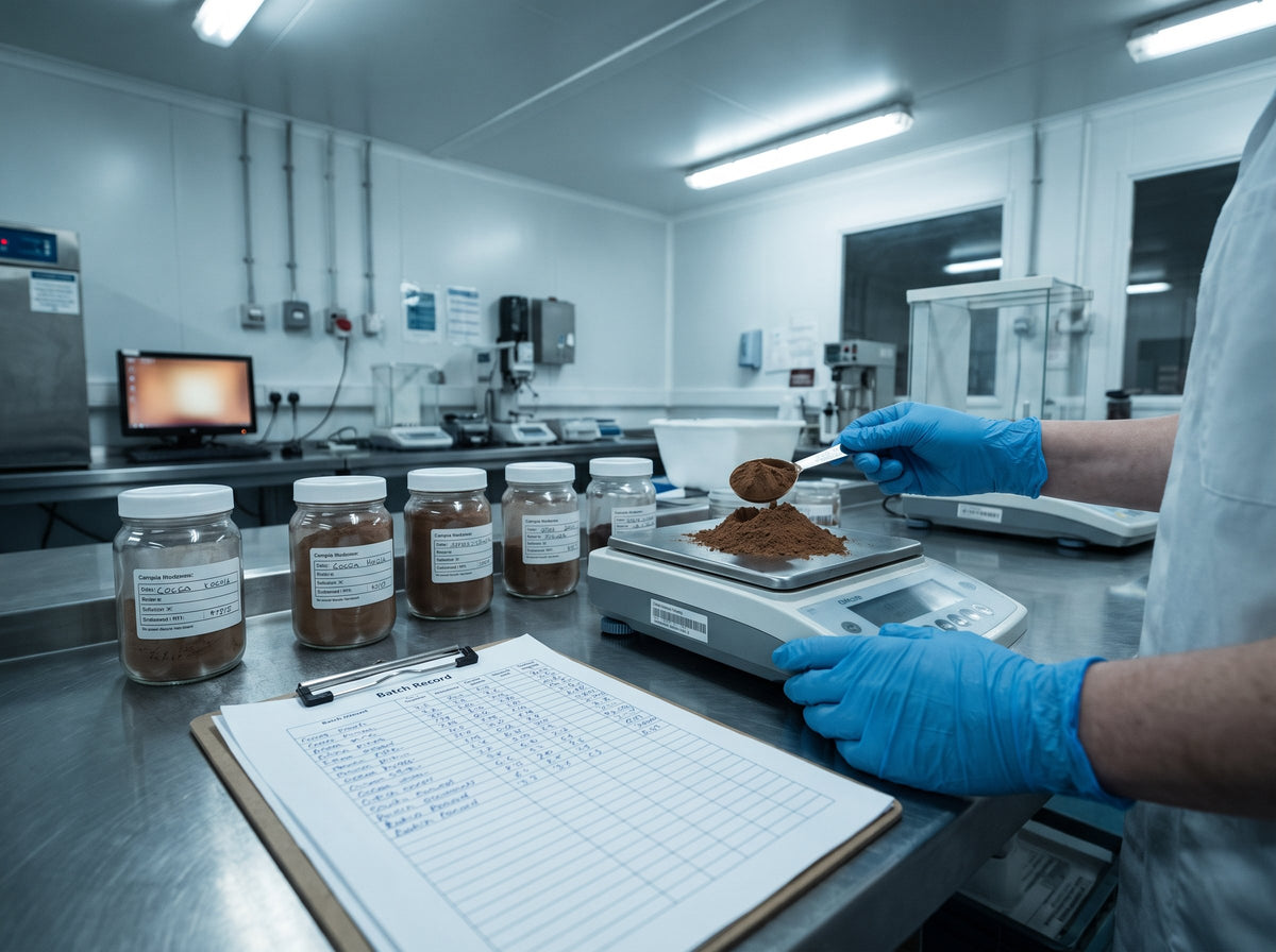 Balance de précision affichant 6,0 grammes de cacao, cuillère doseuse et fiches annotées
