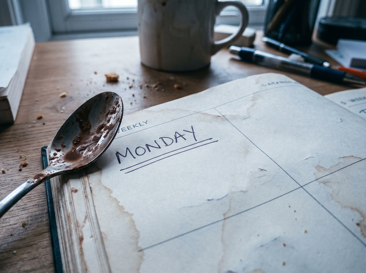 Calendrier annuel minimaliste, chaque lundi marqué d'un point brun cacao