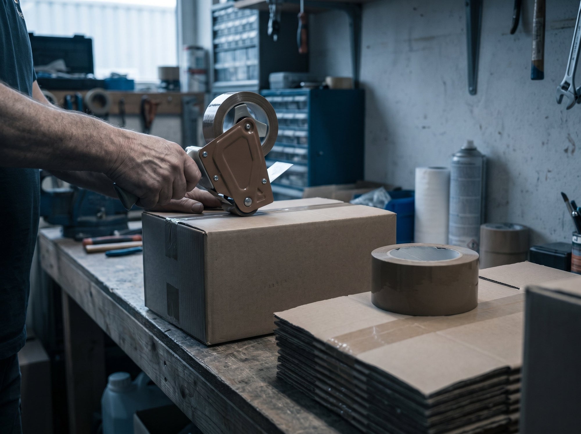 Mains fermant un carton d'expédition kraft au dévidoir, atelier logistique
